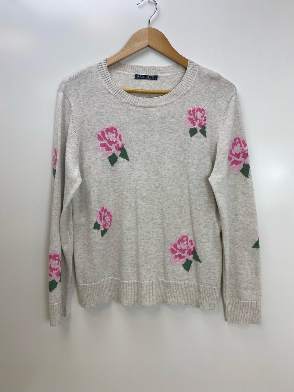 Alashan Cream Crewneck Sweater with Pink Rose Motif